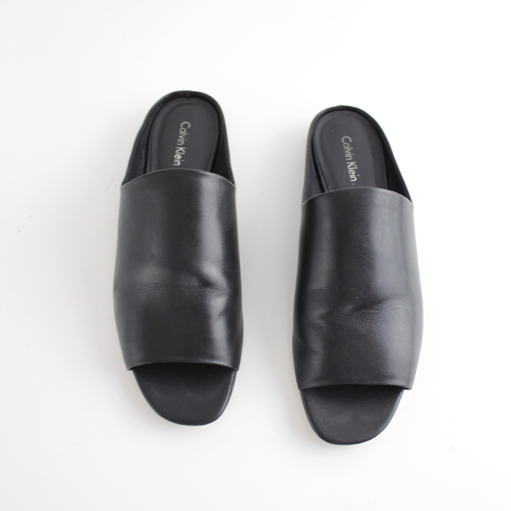 Minimal Smooth Leather Slides Mules Open Toe Flats